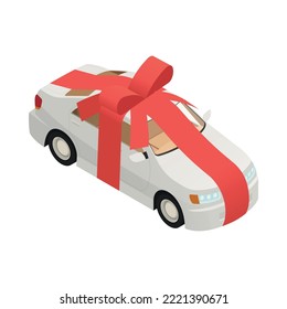 Car dealership isometric icon with new car with red ribbon 3d vector illustration