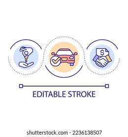 Car dealership loop concept icon. Renting automotive vehicles abstract idea thin line illustration. Car buying contract. Purchase agreement. Isolated outline drawing. Editable stroke. Arial font used