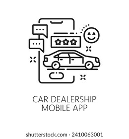 Car dealership mobile app line icon for auto vehicle dealer service, outline vector. Car sale, rental and dealership web application icon for automobile search, buy and sell deal business and trade