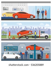 Car dealership, roadside assistance and auto repair shop with people and workers banners set