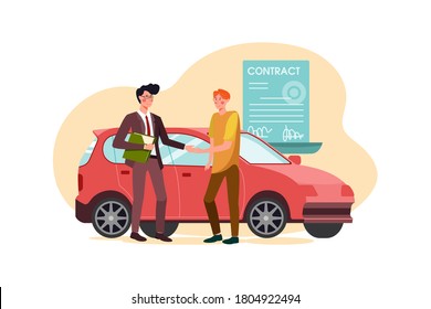 Car dealership seller greeting customer vector illustration concept.