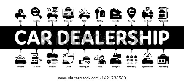 Car Dealership Shop\
Minimal Infographic Web Banner Vector. Car Dealership Agreement And\
Document, Auto Salon And Building, Key And Gps Mark Concept\
Illustrations