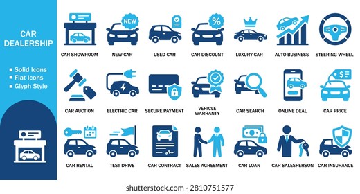 Car dealership solid icons set with vehicle retail sale and auto finance elements. Vector illustration of abstract electric transport loan and rental marketing business, car showroom symbol template.
