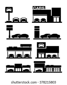 Car dealership store building icons 