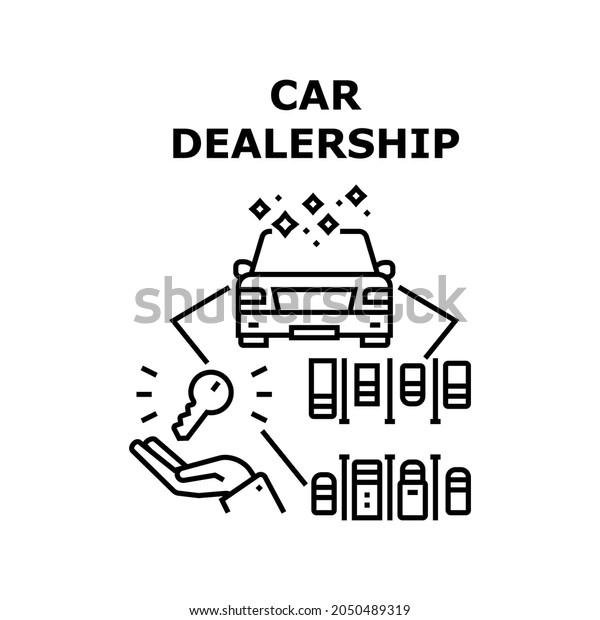 Car\
Dealership Vector Icon Concept. Car Dealership Business For Selling\
Used And New Automobile, Vehicle Market Sale Parking For Showing\
And Presenting Transport Black\
Illustration
