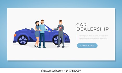 Car dealership web banner vector template. Vehicle retail business website landing page interface layout. Automobile showroom, rental service webpage, homepage cartoon concept with text space