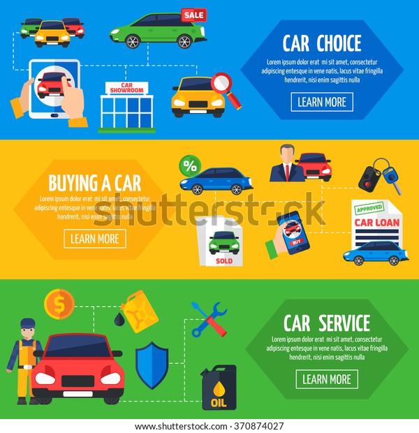Car dealership with wide choice vehicles for sale and
service facilities 3 flat horizontal banners collection vector
illustration 