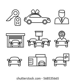 Car dealerships, purchase and sale of cars line vector icons for automobile shop, dealer car sales illustration.