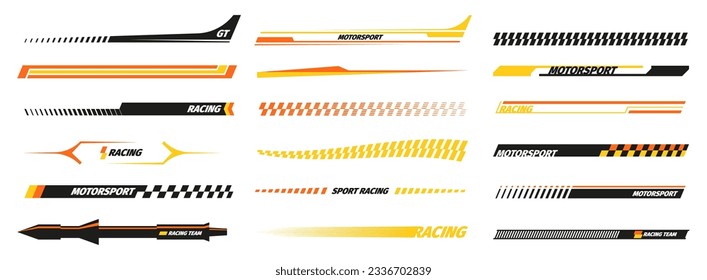 Car decal stripes. Racing lines sticker for vehicle side, speed and power marking decorative stickers for car graphic design. Vector set. Modern yellow tuning for transport isolated collection