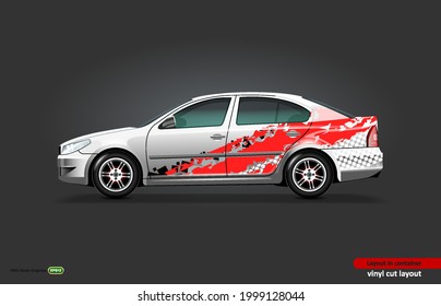 Car decal wrap design with abstract theme on metallic sedan car.