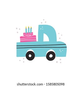 Car delivering birthday cake with candles. Hand drawn vector isolated illustration for card, poster, bakery design.