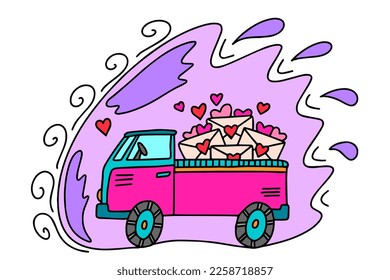 The car delivers letters to lovers. Congratulations on Valentine's Day and March 8th. This is a vector picture in the style of a comic book
