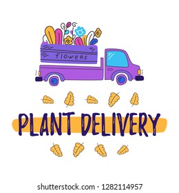 Car delivers plants. Discount coupon. Concept - flower, plants delivery. Cartoon vector.