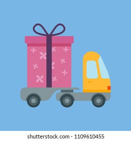 Car delivery with gift box. The concept of free shipping. Delivery service. Flat style. Fully editable vector image.