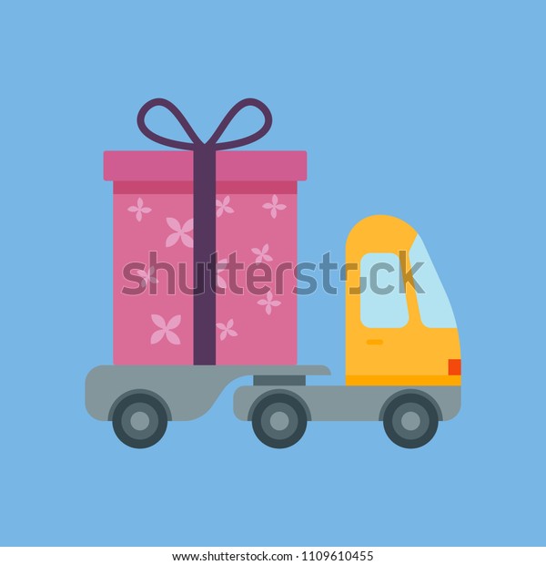 Car\
delivery with gift box. The concept of free shipping. Delivery\
service. Flat style. Fully editable vector\
image.