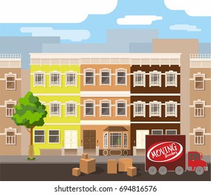 Car for delivery of goods and cartons on the streets of the city. Home delivery. Colorful vector illustration.