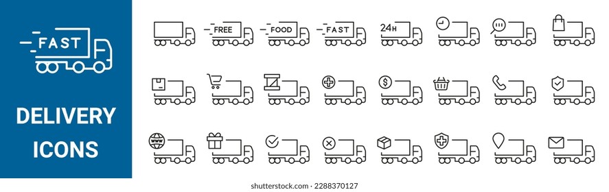 conjunto de iconos de entrega de coches. Conjunto de 24 iconos de línea de diferentes pistas y cajas de entrega. Trazo editable.