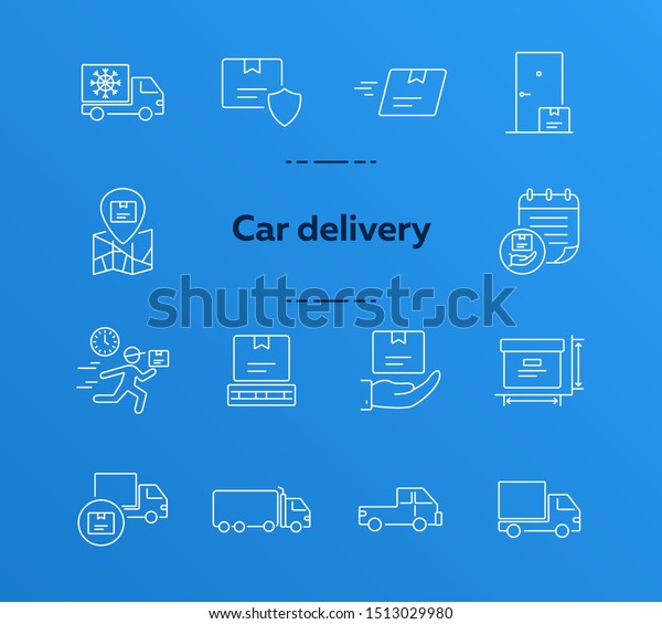 Car delivery icons. Set of line icons. Delivery\
report, parcel insurance, express delivery. Logistics concept.\
Vector illustration can be used for topics like transportation,\
service, shipping