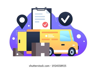 Car delivery with modern moving boxes with success tablet document. Concept urban vehicle service, truck shipment using digital map pointing. Vector illustration.