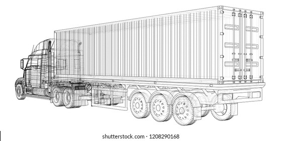 Car Delivery Semi Truck Trailer. Wire-frame. EPS10 Format. Vector Rendering Of 3d.