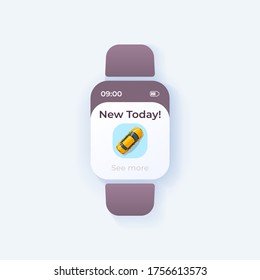 Car delivery smartwatch interface vector template. Transportation mobile app notification day mode design. New today, see more screen. Flat UI for application. Automobile on smart watch display