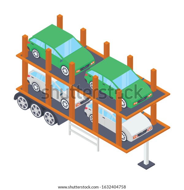 \
Car delivery truck to deliver\
vehicles, transport cargo concept isometric\
icon.\
