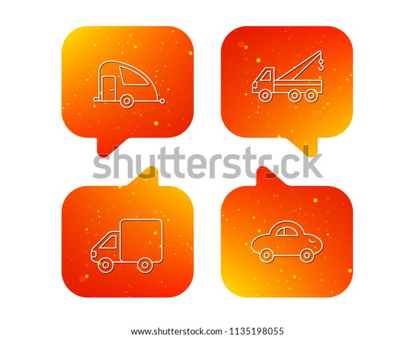 Car, delivery truck and evacuator icons. Travel\
van linear signs. Orange Speech bubbles with icons set. Soft color\
gradient chat symbols.\
Vector