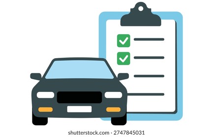 Car is depicted in a modern vector graphic illustration alongside a clipboard featuring a checklist with two green checkmarks indicating approval or completion of a task related to vehicle inspection or registration process.