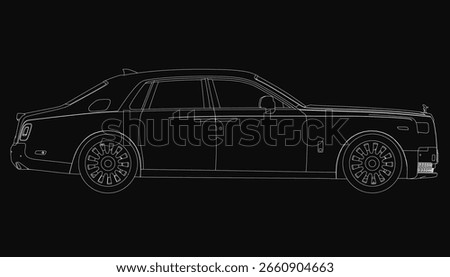 Car depicted in a sleek black and white contour drawing. The elegant vehicle stands out against a solid black background, emphasizing its luxurious silhouette.