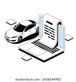 Car, description on laptop screen. Vector 3d line isometric, color web icons, new flat style. Creative design idea for infographics.