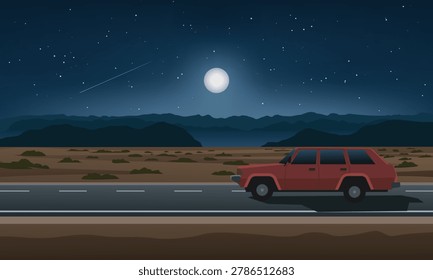 A car in desert road at night with full moon