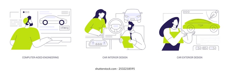 Conjunto de ilustração de vetor de conceito abstrato de design de carro. Engenharia auxiliada por computador, design exterior e interior de carro, software CAD, indústria automotiva, metáfora abstrata de fabricação de automóveis.