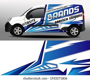 Desarrollo de diseño de coches para la empresa. Diseño vectorial de la camioneta de entrega. Etiqueta del coche. Fondo azul con rayas blancas para la pegatina de vinilo blanca del coche
