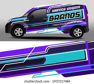 Car design development for the company. Delivery van vector design. Car sticker. Turquoise background with purple stripes for car vinyl sticker