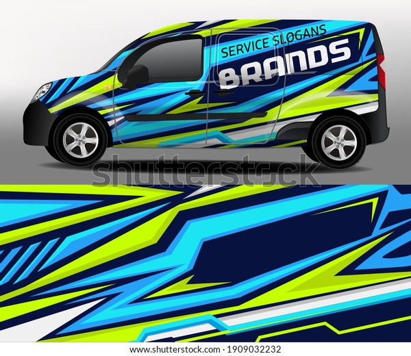Car design development for the
company. Vector design of delivery van. Car sticker. Dark blue
background with blue and light green stripes for car vinyl
sticker

