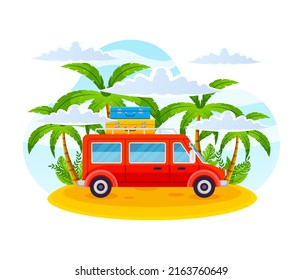 Car design illustration on a trip for holiday day poster background.