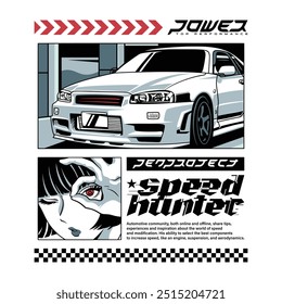 car design illustration, speed hunter with female character