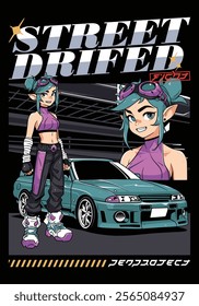 car design illustration, street car with female fighter character