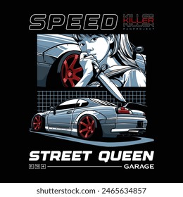 car design illustration, street racing car with street queen character holding a dagger