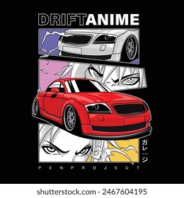 car design illustration, street racing car with anime characters. translation: garage