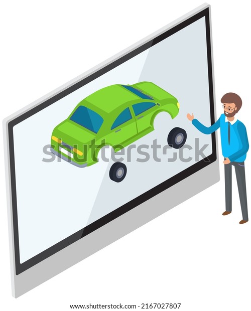 Car design presentation with orator near tablet\
screen. Man presenter talks about new automobile structure.\
Showroom of transport technology components. Person present vehicle\
on digital display