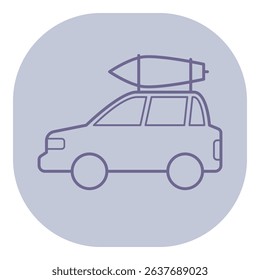 Car designed for adventure with surfboard secured on roof. Vehicle ideal for trip to beach, suggesting fun day of surfing and relaxation by ocean