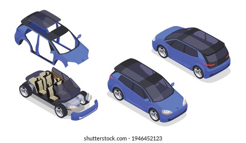 Car designer isometric set with prototype and modeling symbols isolated vector illustration