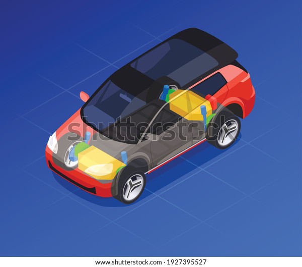 Car designer profession with\
drafting and modeling symbols isometric isolated vector\
illustration