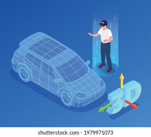 Car designer profession isometric with 3d model and vr symbols vector illustration