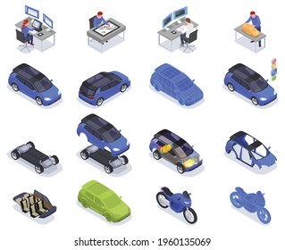 Car designer profession isometric icons set isolated vector illustration