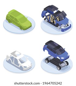Car designer profession isometric production set with modeling symbols isolated vector illustration