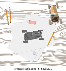 car designer workspace concept sketch