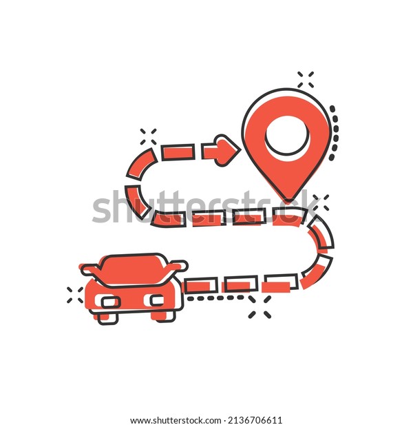Car destination icon in comic
style. Car navigation cartoon vector illustration on white isolated
background. Locate position splash effect business
concept.