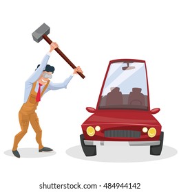Car destroyed: Man with a hammer, breaking car